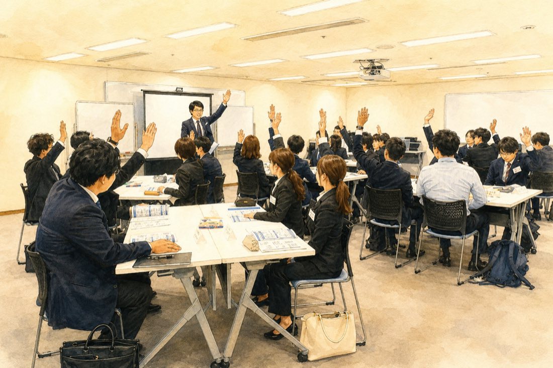 受講者が一斉に手を挙げている研修の風景