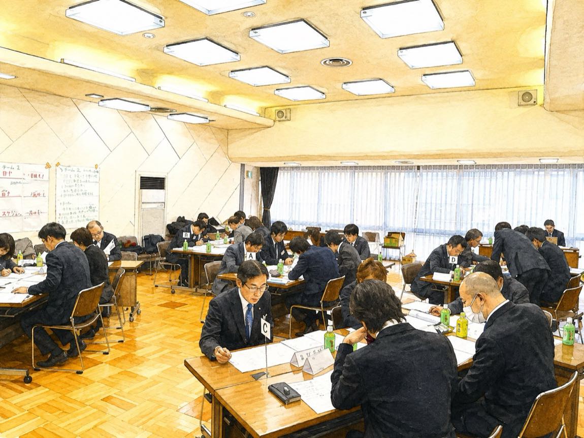 受講者が手元に書き込んでいる研修の風景