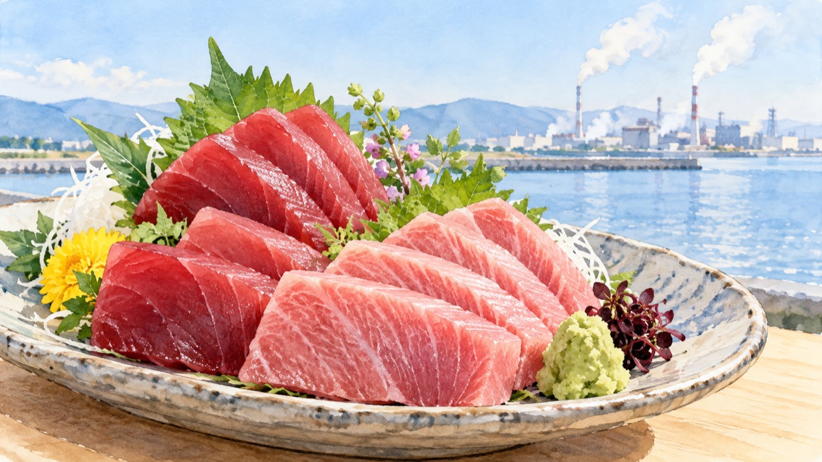 マグロの刺身と、工場の煙