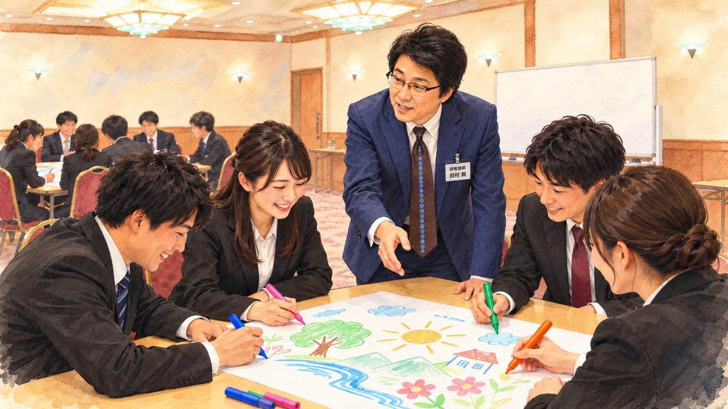 名札を付けた田村講師が、若手社員と模造紙にイラストを描いている研修の風景