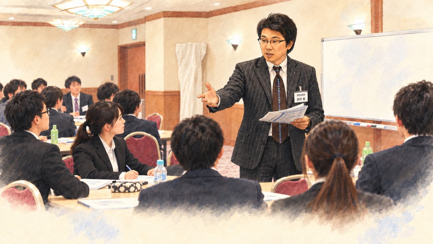 名札を付けた田村講師が、若手社員の皆様の前で全体レクチャーをしている様子